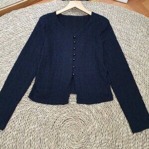 Navy Blue Cable Knit Cardigan Button Front Cropped Cozy Sweater Top